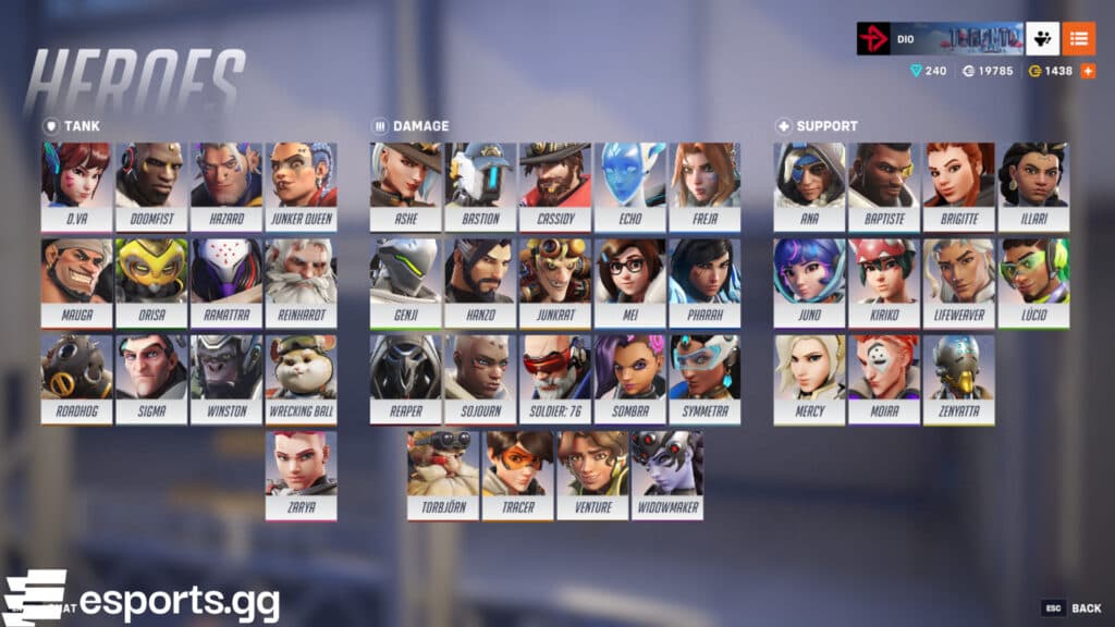 Overwatch 2 heroes (Screenshot via esports.gg)