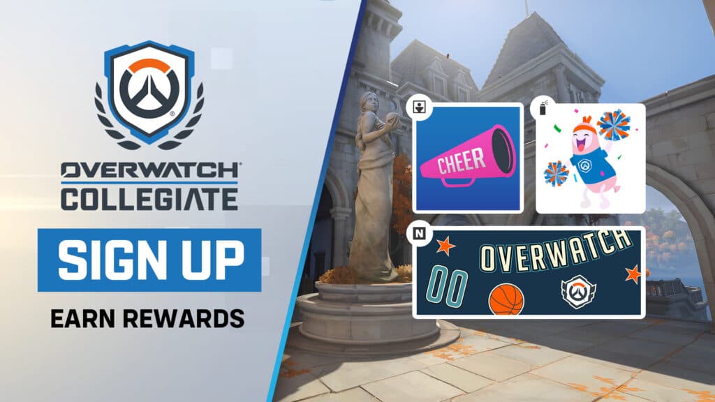 Overwatch Collegiate has a player icon, spray, and name card as sign-up rewards (Image via Blizzard Entertainment)