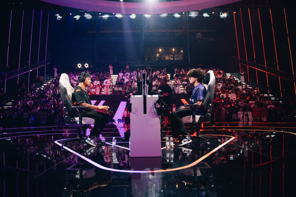 Xiaohai and Blaz on the EWC 2025 stage (photo Esports World Cup | Jianhua Chen)