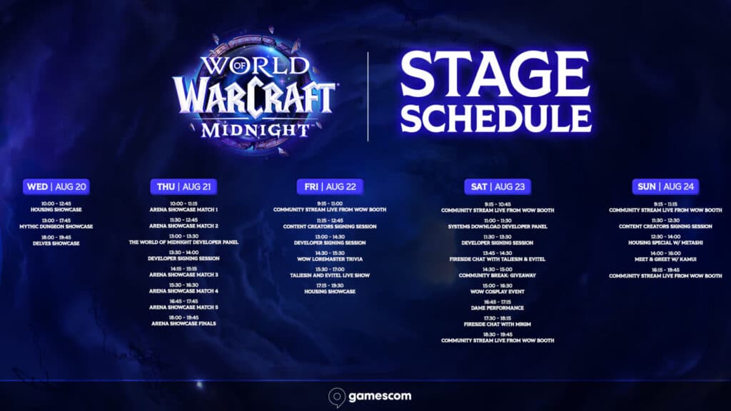 World of Warcraft's gamescom 2025 schedule (Image via Blizzard Entertainment)