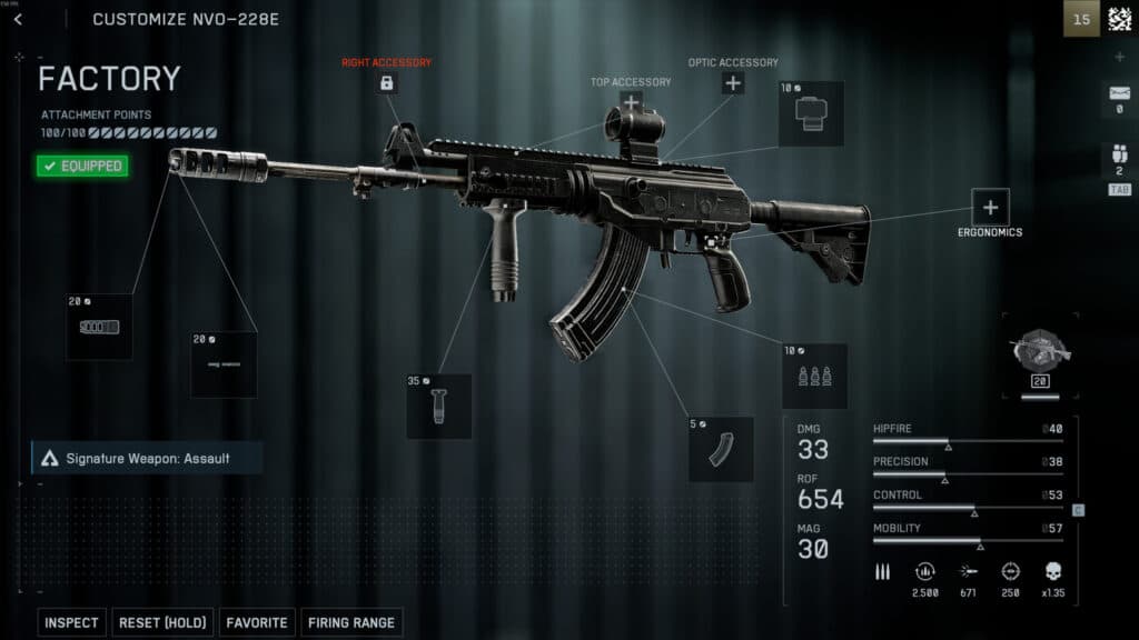 The loadout for the NVO-228E in Battlefield 6. Screenshot by esports.gg