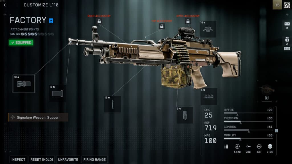 The loadout for the L110 in Battlefield 6. Screenshot by esports.gg