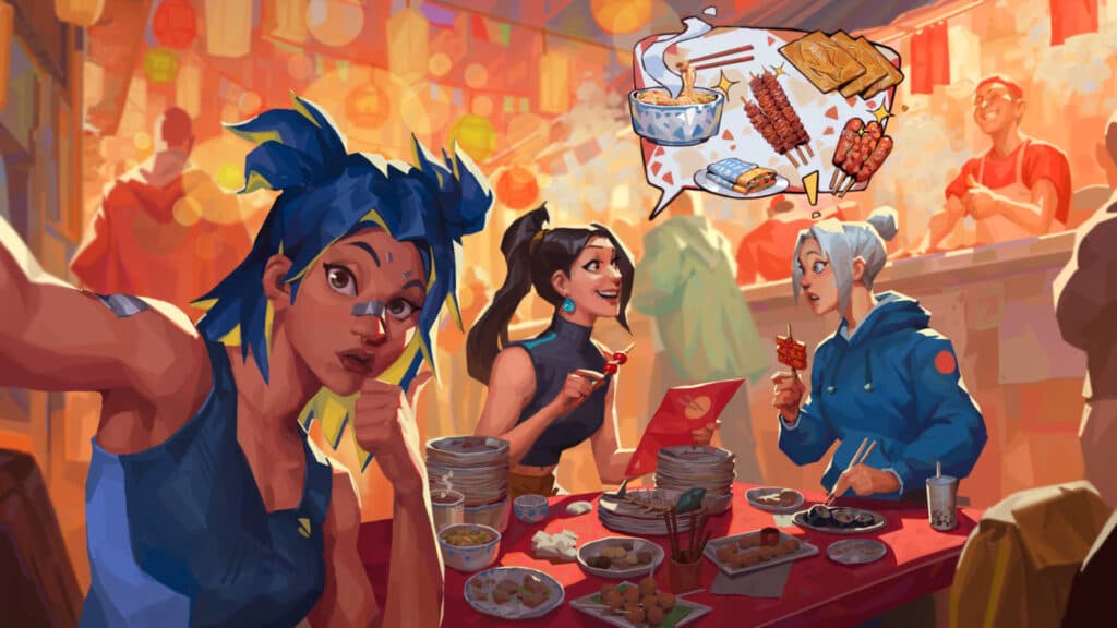Neon, Sage, and Jett eating Asian food (Image via Riot Games)