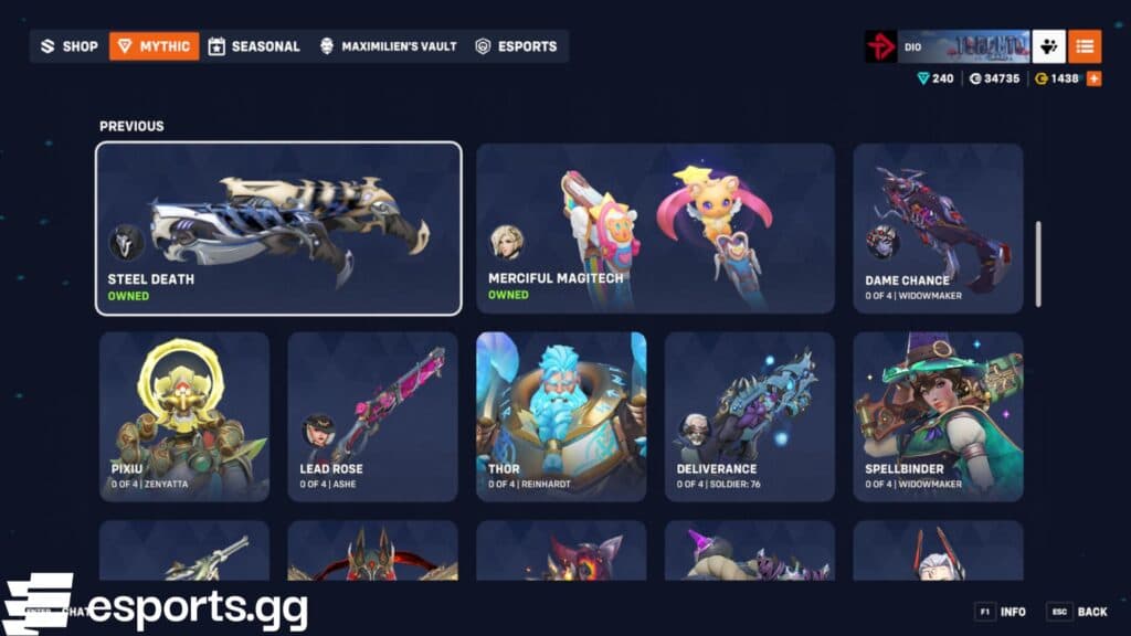 The current Overwatch 2 Mythic Shop rotation (Screenshot via esports.gg)