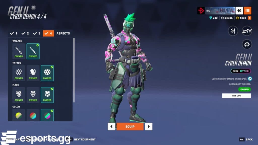 The Cyber Demon Genji mythic skin and all of its customizations (Screenshot via esports.gg)