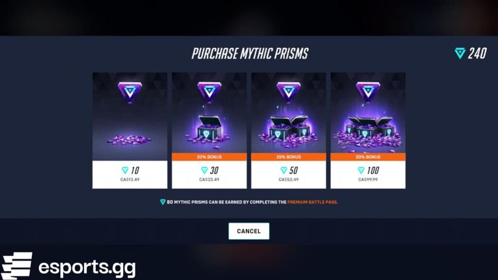 Overwatch 2 Mythic Prisms cost (Screenshot via esports.gg)