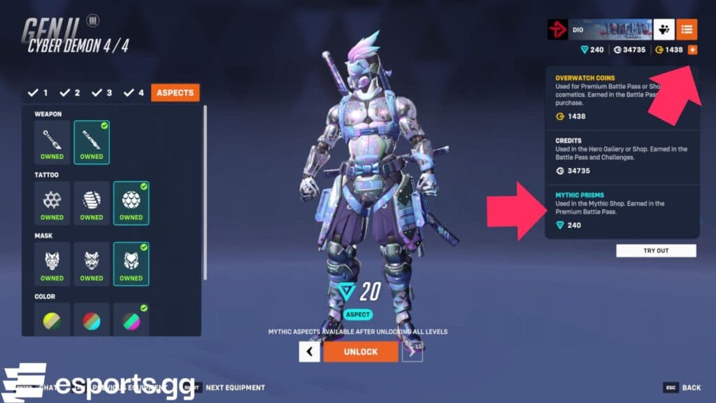 Where to buy Mythic Prisms in Overwatch 2 (Screenshot via esports.gg)