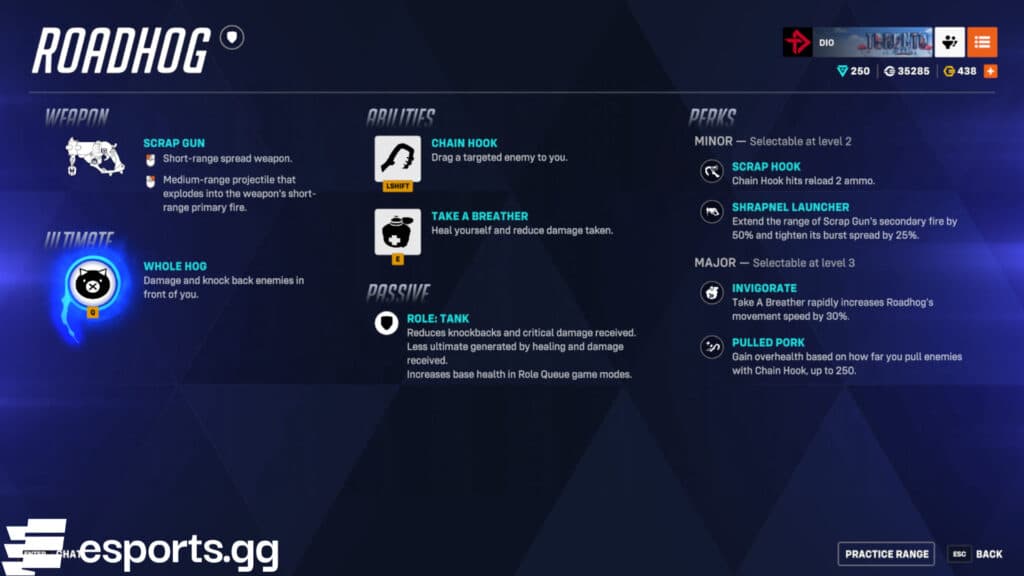 Roadhog's kit in Overwatch 2 (Screenshot via esports.gg)