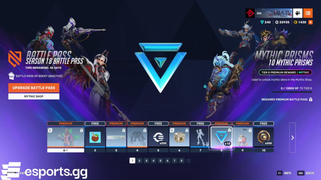 Mythic Prisms in the Season 18 Battle Pass (Screenshot via esports.gg)