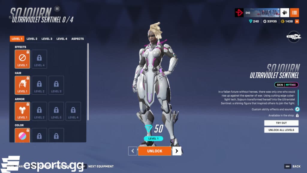 The base Ultraviolet Sentinel Sojourn skin (Screenshot via esports.gg)