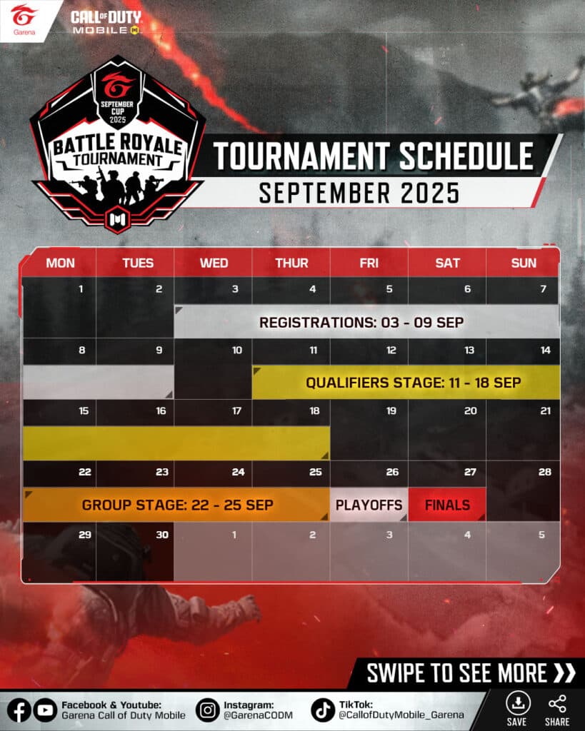 The event calendar for September Cup 2025. (Image via Garena)