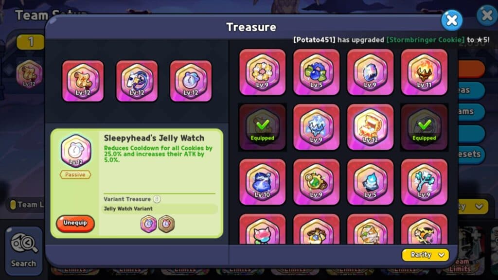 Recommended Treasures for Seltzer Cookie (Screenshot via esports.gg)