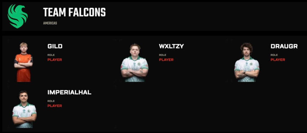 Gild is listed as a player for Team Falcons in the ALGS website