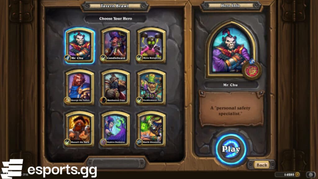 Hearthstone Henchmania Tavern Brawl heroes (Screenshot via esports.gg)
