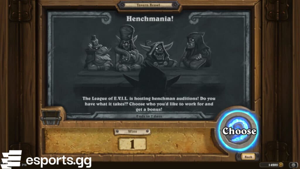 Henchmania Tavern Brawl information (Screenshot via esports.gg)
