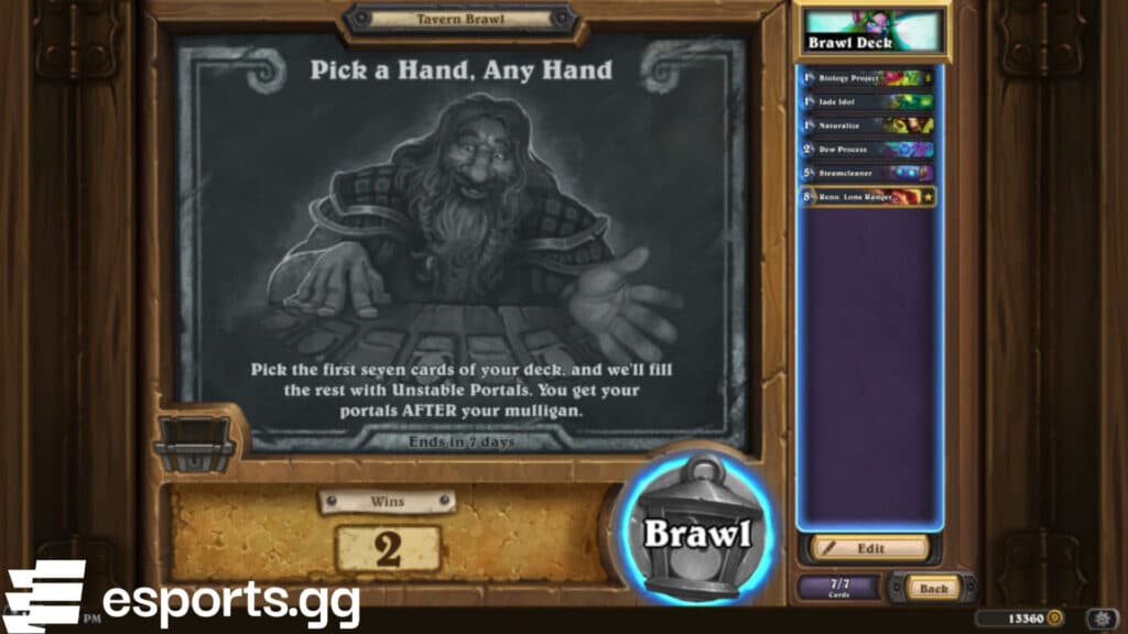 Pick a Hand, Any Hand Tavern Brawl information (Screenshot via esports.gg)