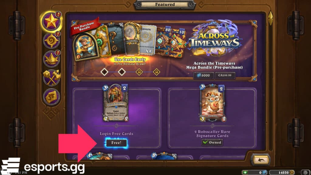 How to unlock two free Free Across the Timeways cards in Hearthstone (Screenshot via esports.gg)