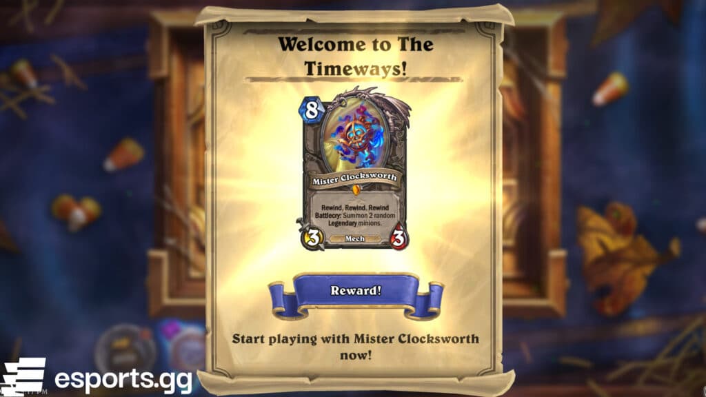 Mister Clocksworth is a free legendary card in Hearthstone's Across the Timeways expansion (Screenshot via esports.gg)
