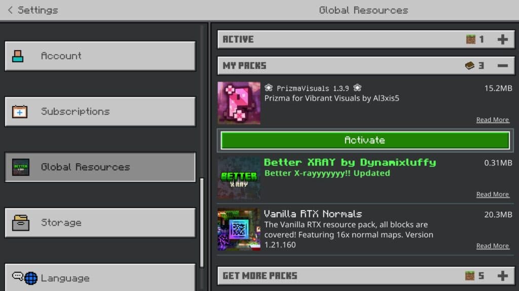Activate the resource packs you want to use. (Screenshot via esports.gg)