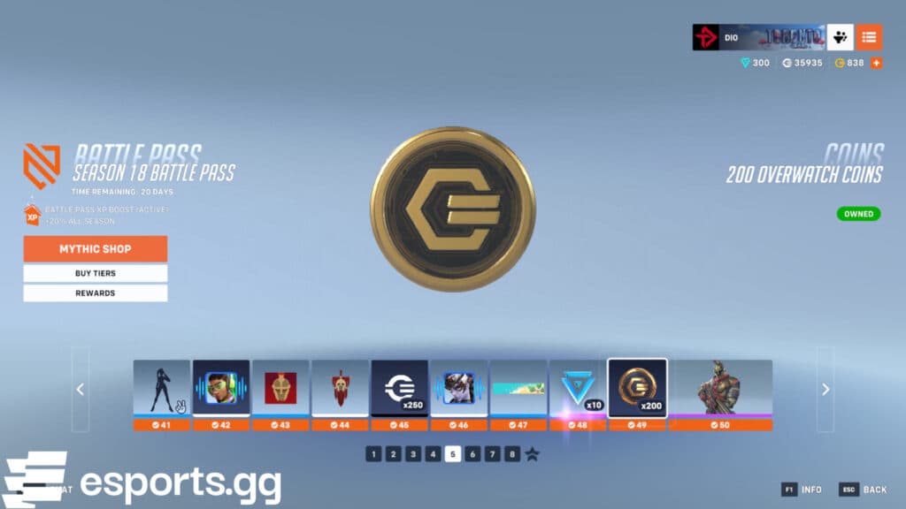 Overwatch Coins in the Season 18 Battle Pass (Screenshot via esports.gg)