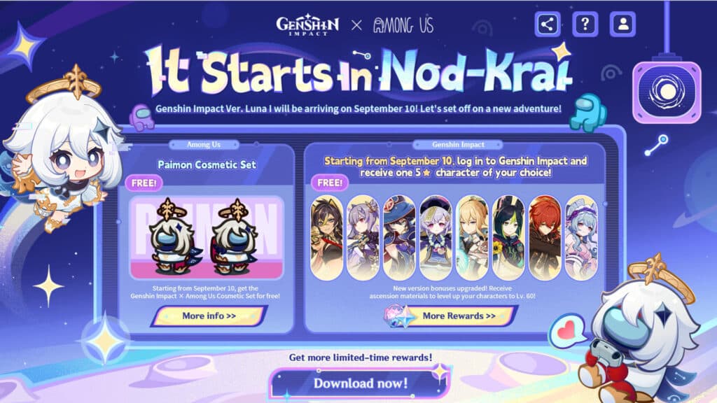 Genshin Impact x Among Us collaboration features a free Paimon cosmetic set (Image via HoYoverse)