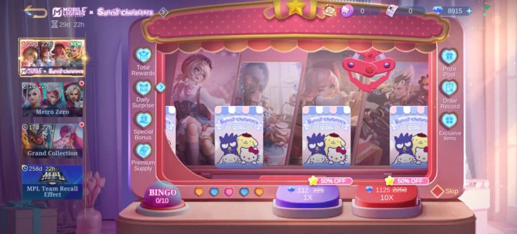 The MLBB x Sanrio draw event interface. (Screenshot via esports.gg)
