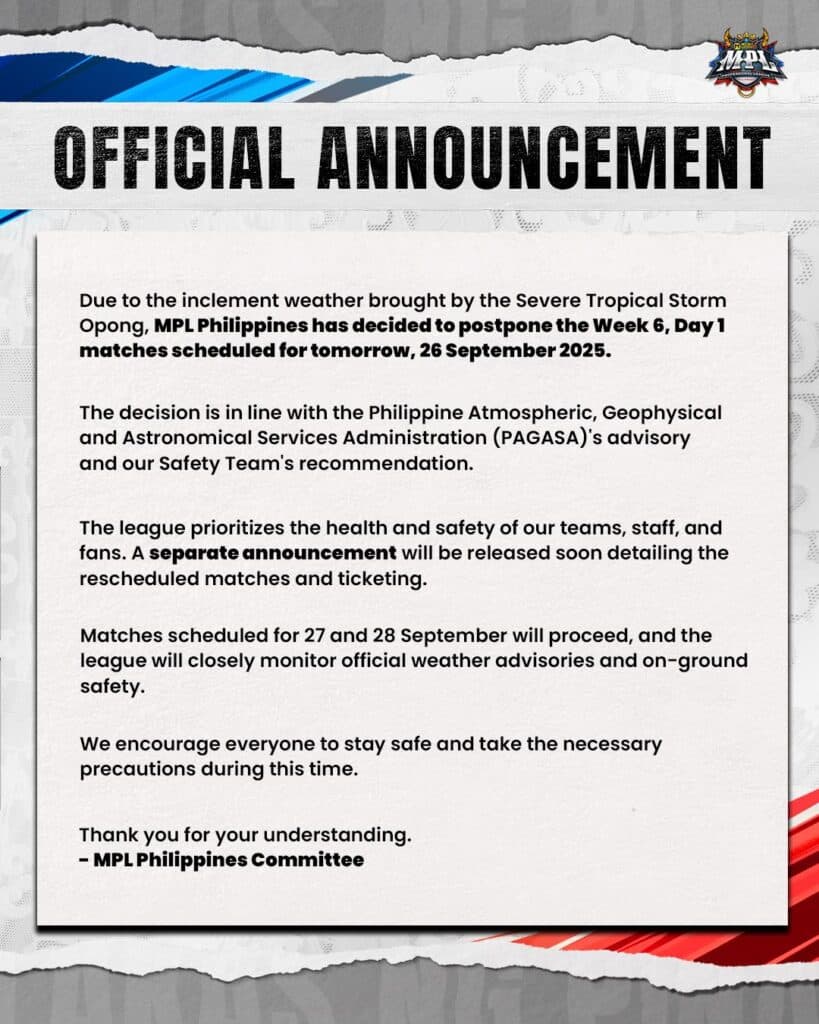 MPL PH Season 16 Week 6 Day 1 matches postponed. (Image via MPL Philippines on Facebook)