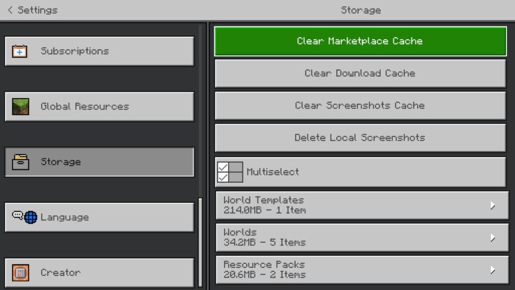 Clearing the Marketplace Cache may help solve some issues in Minecraft. (Screenshot via esports.gg)