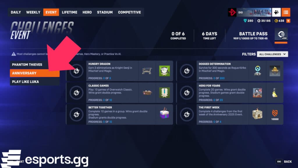 Week 1's Overwatch 2 Anniversary 2025 event challenges and rewards (Screenshot via esports.gg)