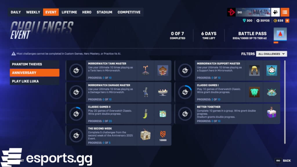 The Overwatch Anniversary rewards for 2025 (Screenshot via esports.gg)