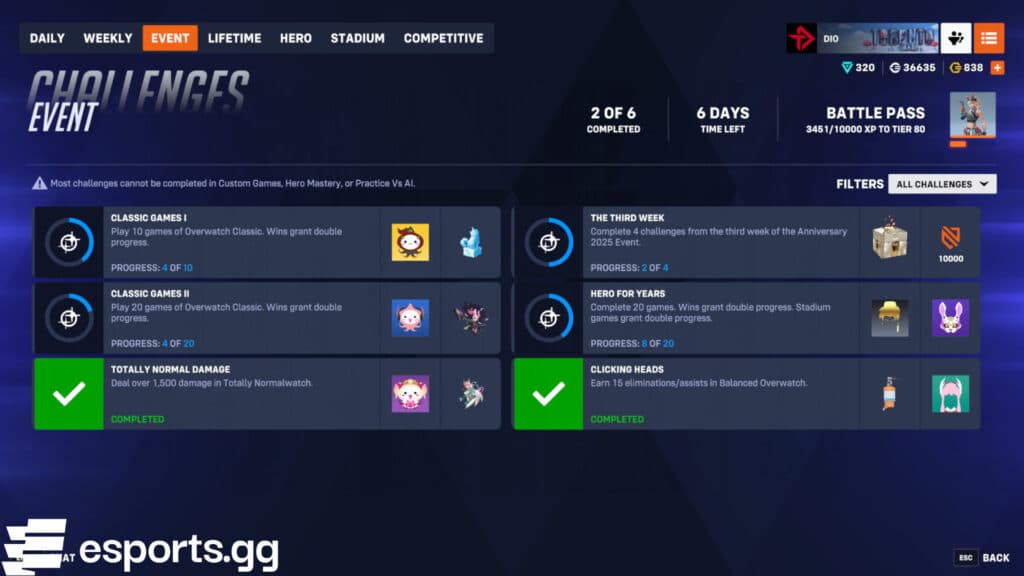 All of the Overwatch Anniversary 2025 Week 3 challenges and rewards (Screenshot via esports.gg)