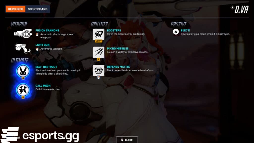 D.Va's kit (Screenshot via esports.gg)