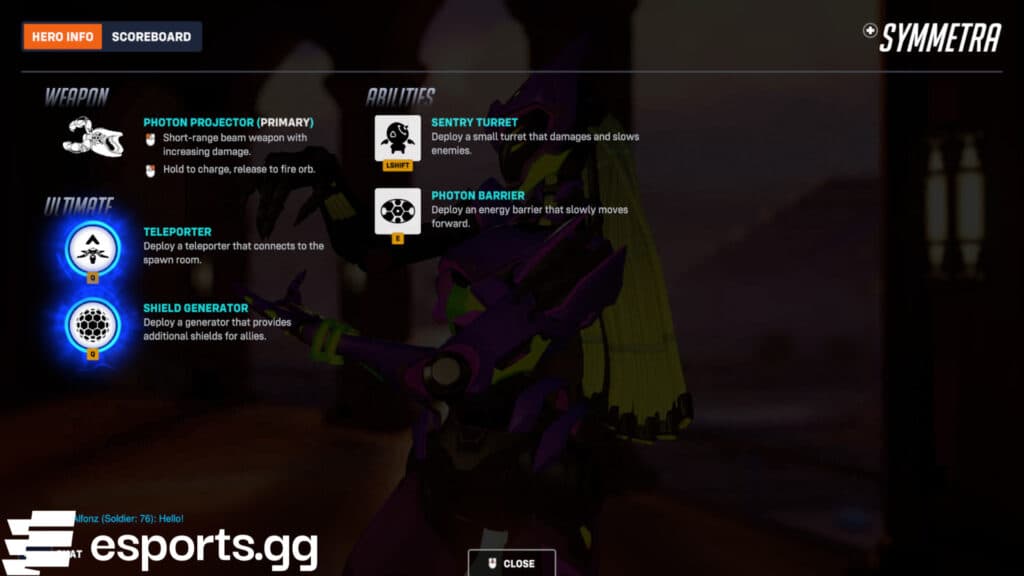 Symmetra's kit (Screenshot via esports.gg)