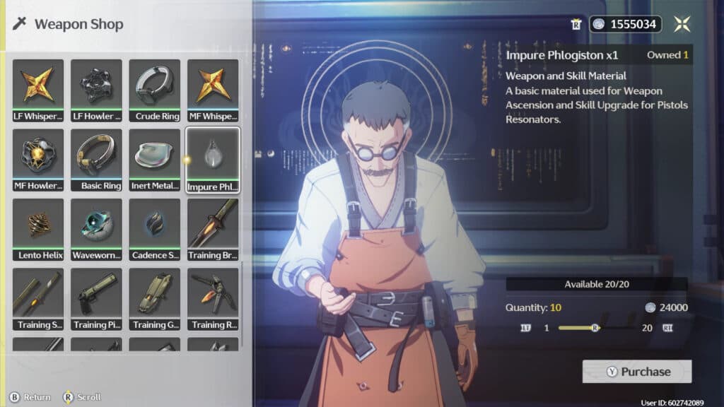 Purchasing Impure Phlogiston in the Weapon Shop (Image via esports.gg)