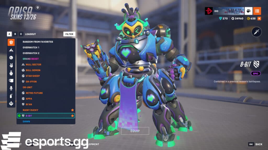 The 8-bit Orisa skin in Overwatch 2 (Screenshot via esports.gg)