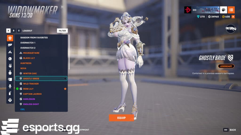 The Ghostly Bride Widowmaker skin in Overwatch 2 (Screenshot via esports.gg)