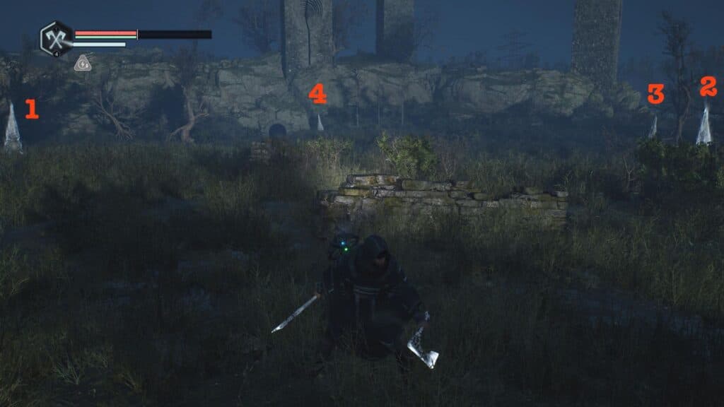 Strike the pillars in the correct order to open the locked door. (Screenshot by esports.gg)