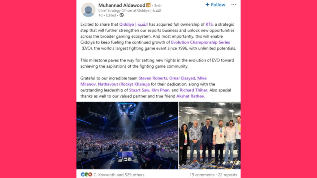 Muhannad Aldawood's LinkedIn post (Screenshot via esports.gg)