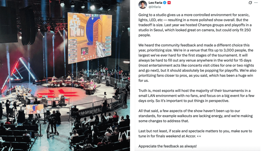 The stage at Les Arènes in Paris for the VALORANT Champions 2025 group stage