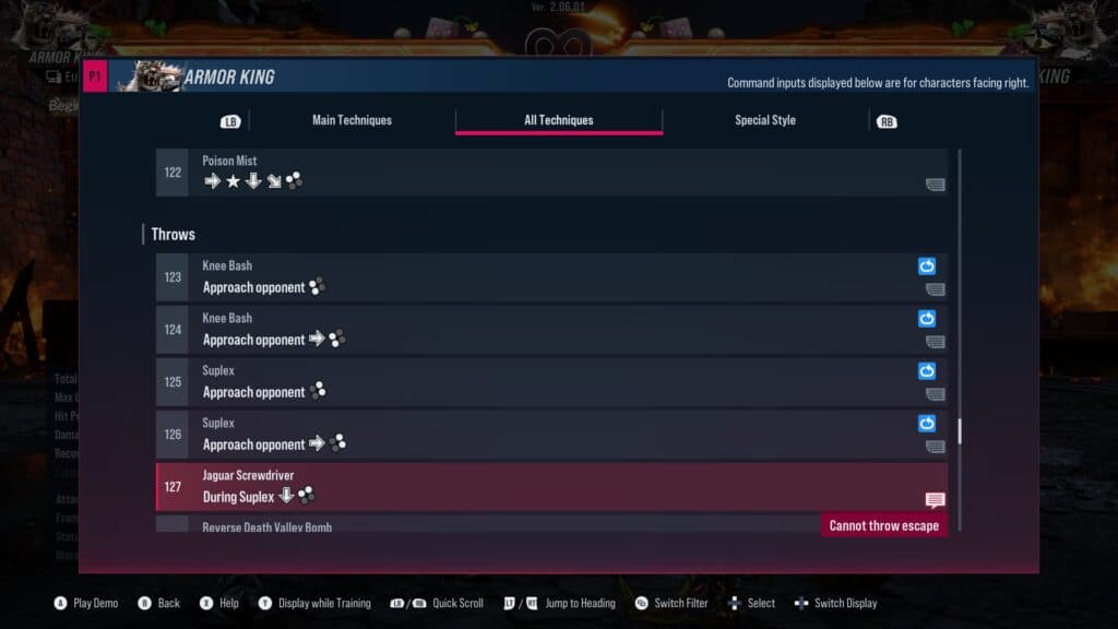 Throws in Armor King's move list (Image via esports.gg)