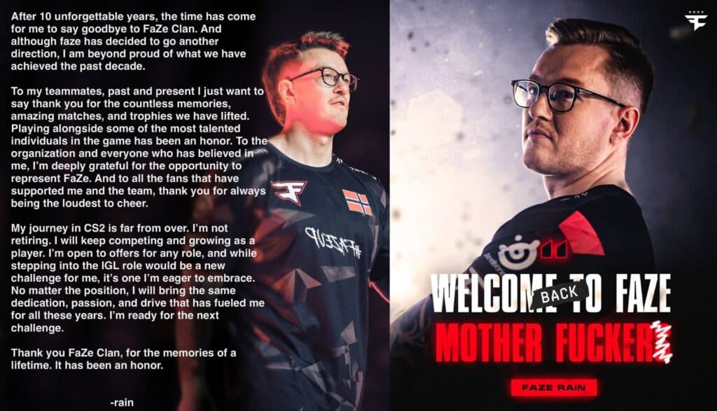 Official statement from rain and the return poster from FaZe (Images via <a href="https://x.com/FaZe_rainCS">rain’s X</a> and <a href="https://x.com/FaZeEsports">FaZe’s X</a>)