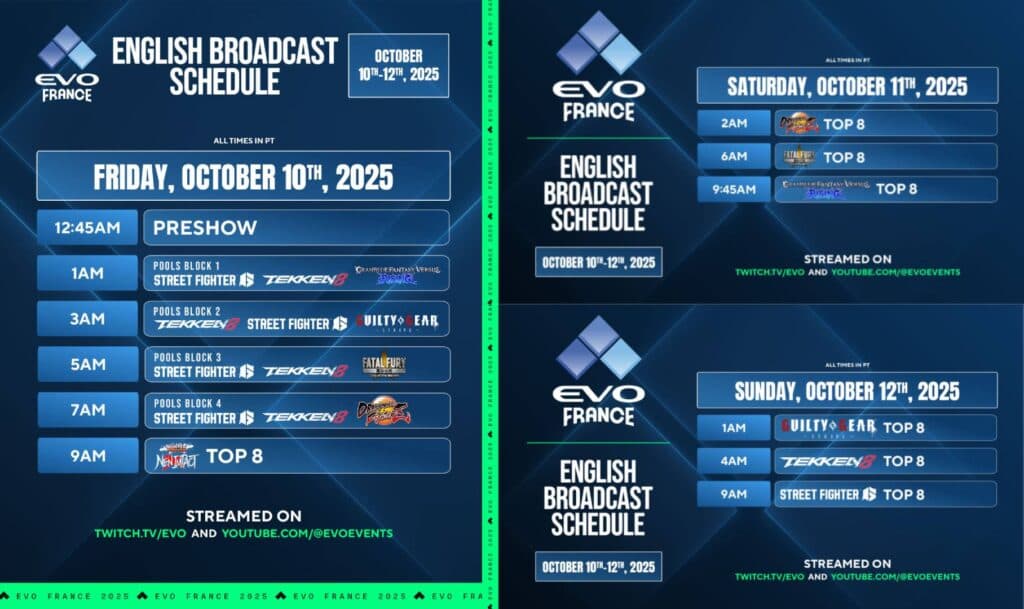 English stream schedule (Image via Evo)