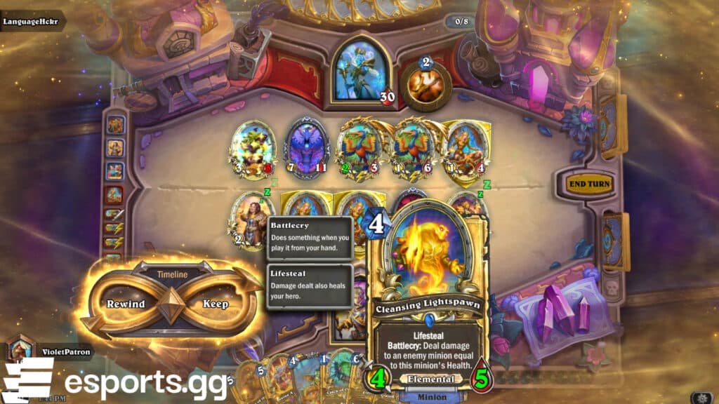 The Rewind mechanic in Hearthstone lets you either rewind or keep a card (Screenshot via esports.gg)
