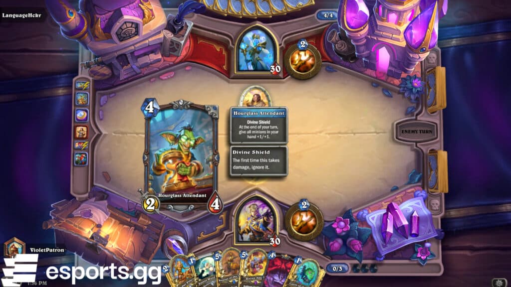 The Hourglass Attendant minion from an Across the Timeways Handbuff Priest deck (Screenshot via esports.gg)