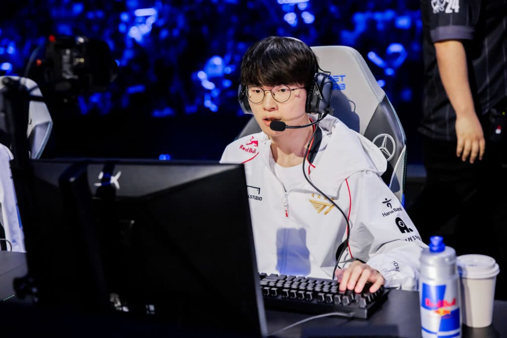 T1 | Faker at the LoL Worlds 2024 (Photo via Riot Games | Colin Young-Wolff)
