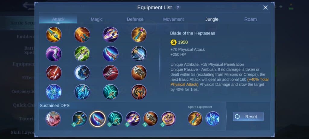 Dyrroth Item Build in MLBB (Screenshot via esports.gg)