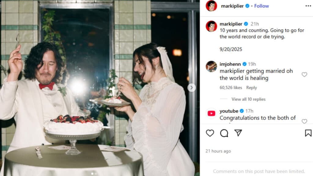 Photo Markiplier and Amy Nelson in wedding attire (Image via Markiplier)