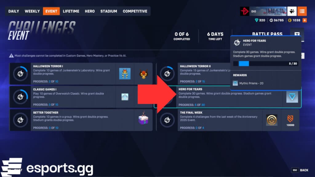 Free Mythic Prisms in Overwatch 2 (Screenshot via esports.gg)