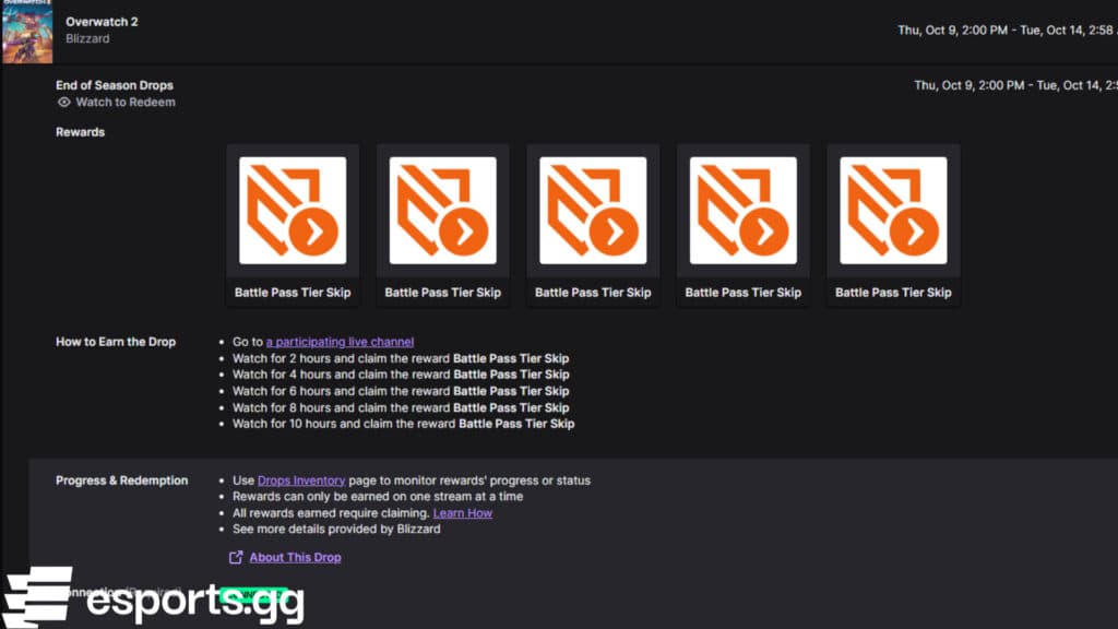 Overwatch 2 tier skips via Twitch Drops (Screenshot via esports.gg)