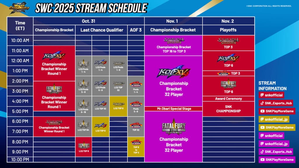 Stream schedule (Image via SNK Global)
